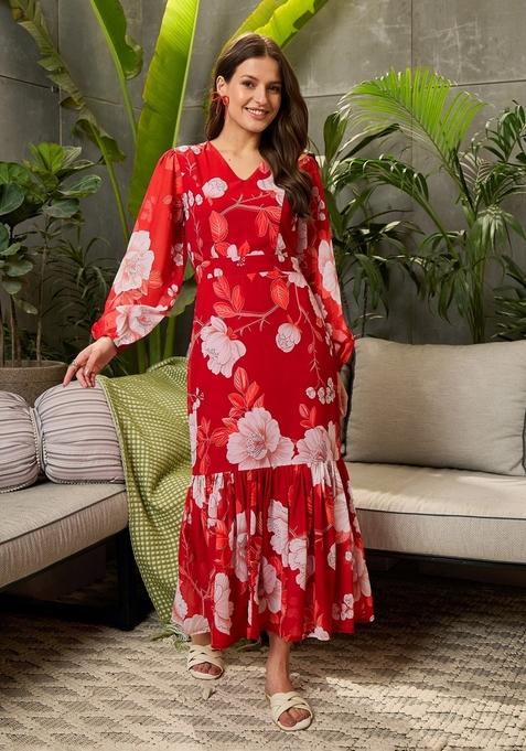 Red Embroidered Polyester Dresses