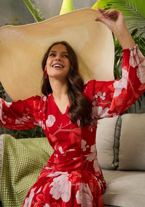 Red Embroidered Polyester Dresses