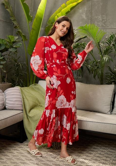 Red Embroidered Polyester Dresses