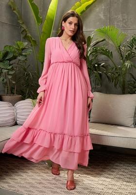 Pink Embroidered Polyester Dresses
