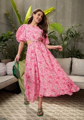 Pink Embroidered Polyester Dresses