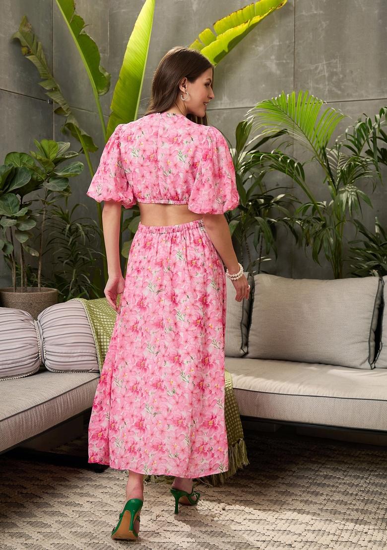 Pink Embroidered Polyester Dresses