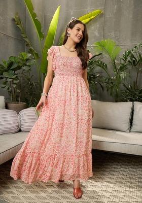 Peach Embroidered Polyester Dresses