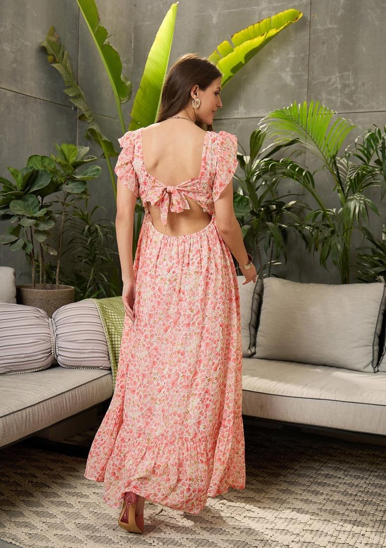Peach Embroidered Polyester Dresses
