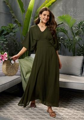 Olive Embroidered Polyester Dresses