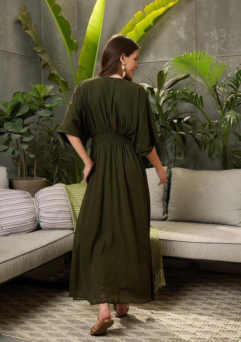 Olive Embroidered Polyester Dresses