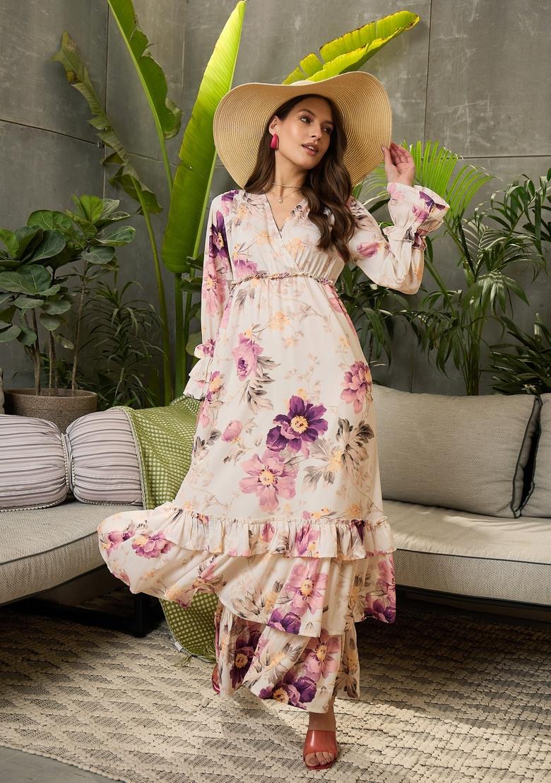 Off White Embroidered Polyester Dresses