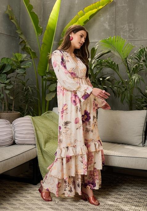 Off White Embroidered Polyester Dresses