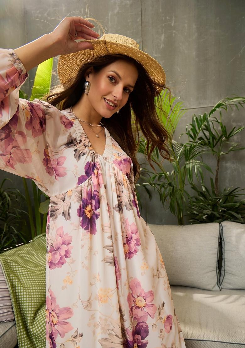 Off White Embroidered Polyester Dresses