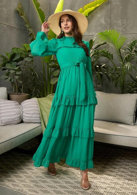 Green Solid Polyester Gown — view on Indya