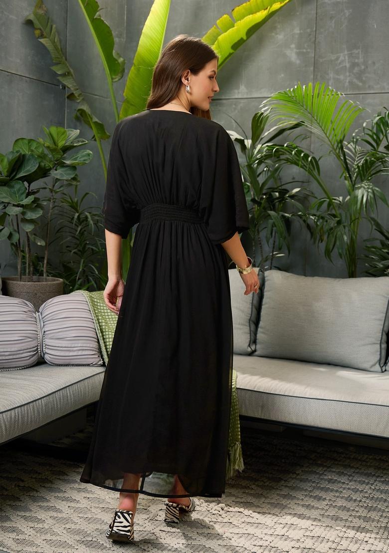 Black Embroidered Polyester Dresses