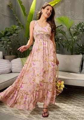 Beige Embroidered Polyester Dresses