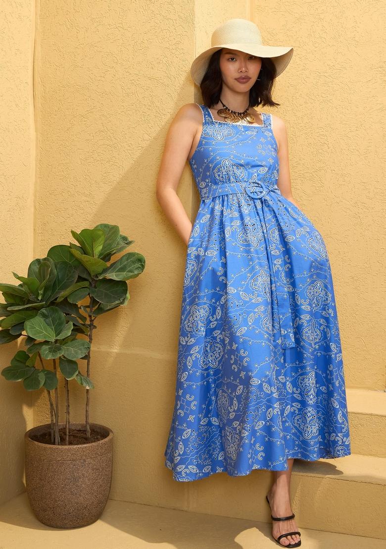 Blue Embroidered Cotton Dresses