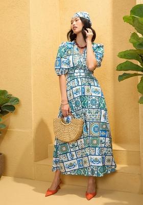 Blue Embroidered Cotton Dresses