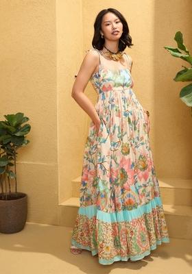 Beige Embroidered Rayon Dresses