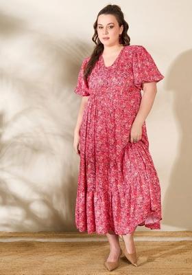 Red Embroidered Polyester Dresses