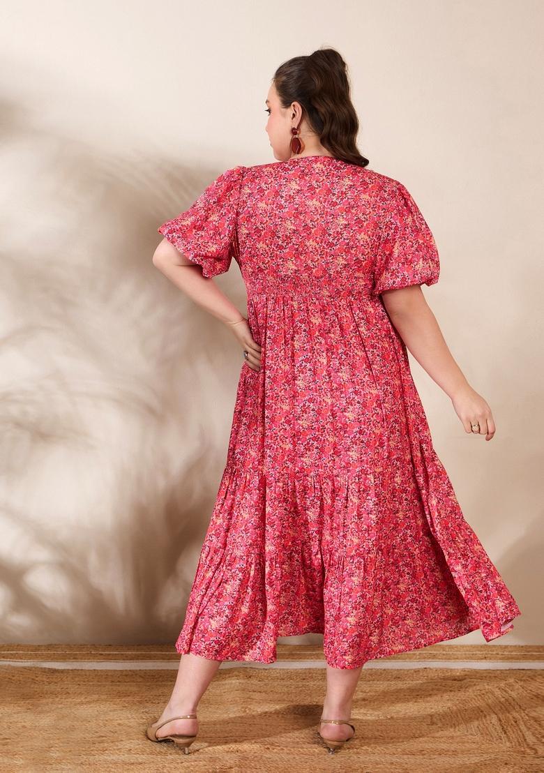 Red Embroidered Polyester Dresses