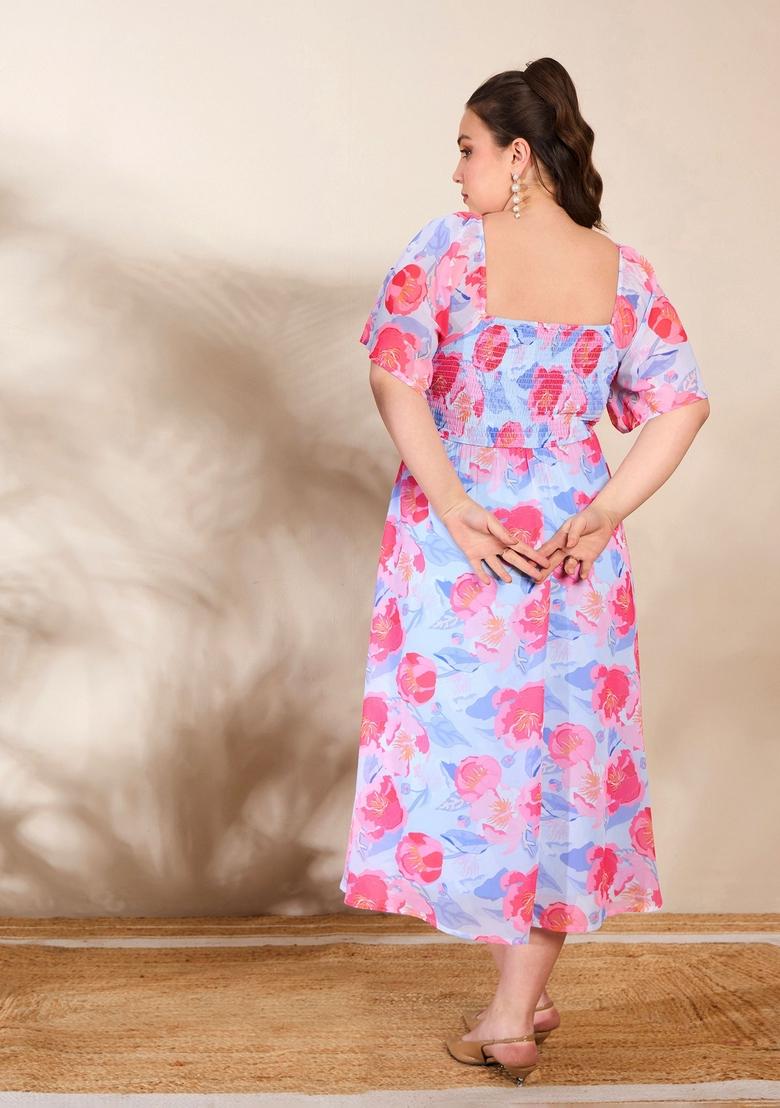 Blue Embroidered Polyester Dresses