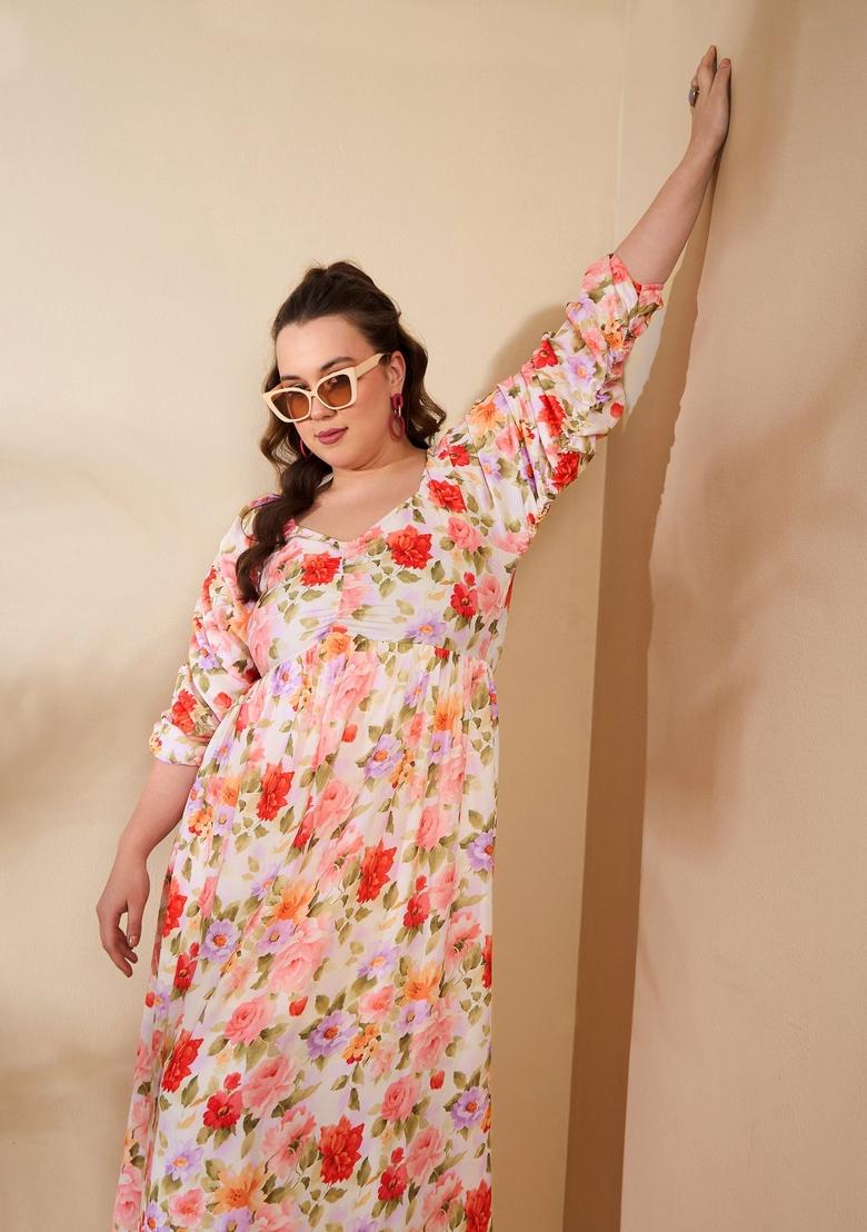 Beige Embroidered Polyester Dresses