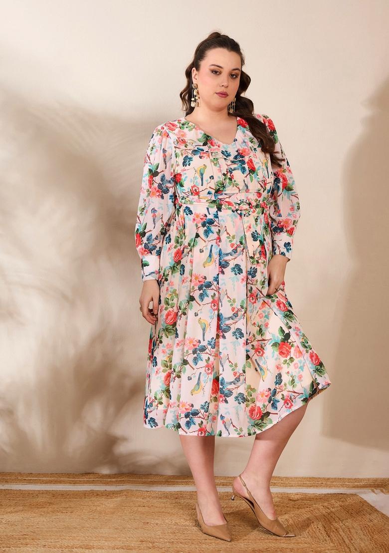 Beige Embroidered Polyester Dresses