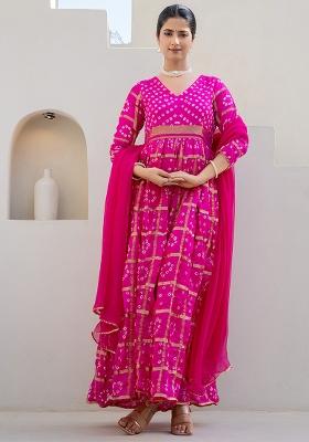 Pink Hand Printed Banarsi Silk Anarkali Set With Dupatta