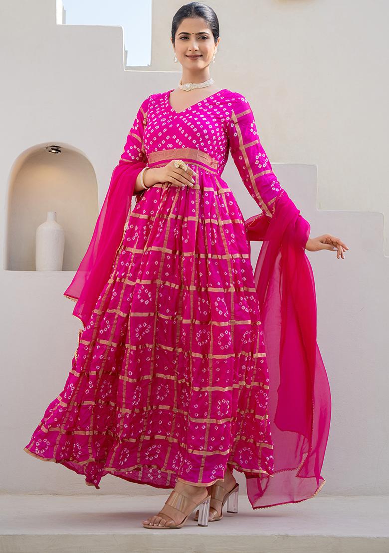 Pink Hand Printed Banarsi Silk Anarkali Set With Dupatta