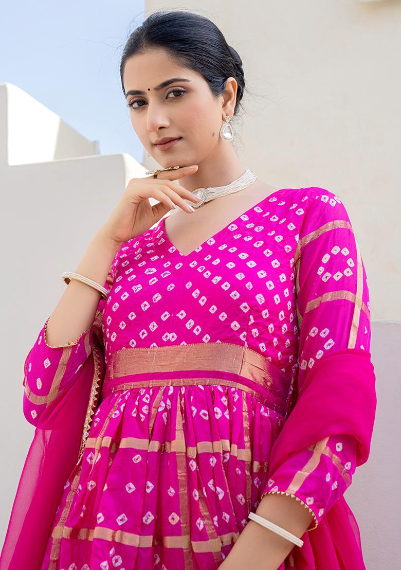 Pink Hand Printed Banarsi Silk Anarkali Set With Dupatta