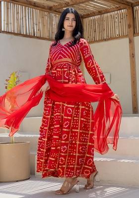 Red Hand Printed Banarsi Silk Anarkali Set With Dupatta