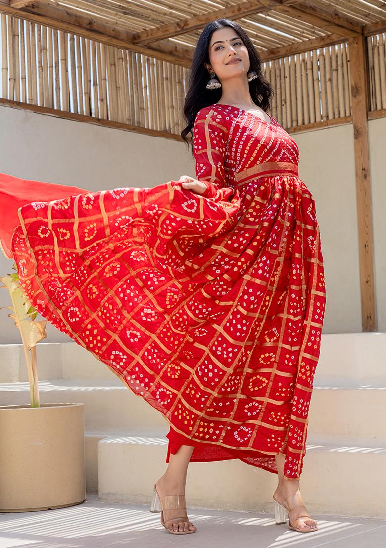 Red Hand Printed Banarsi Silk Anarkali Set With Dupatta