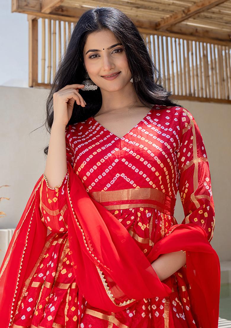 Red Hand Printed Banarsi Silk Anarkali Set With Dupatta