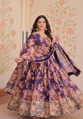 Purple Embroidered Russion Silk Anarkali Set With Dupatta