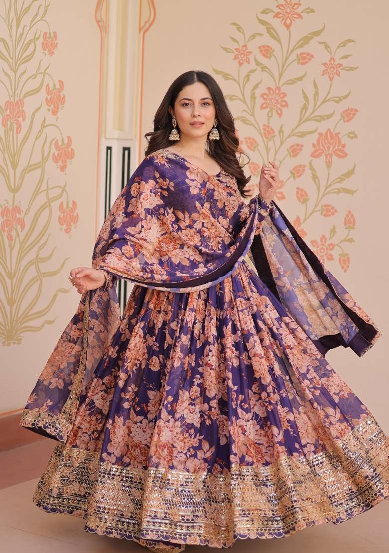 Purple Embroidered Russion Silk Anarkali Set With Dupatta - Indya