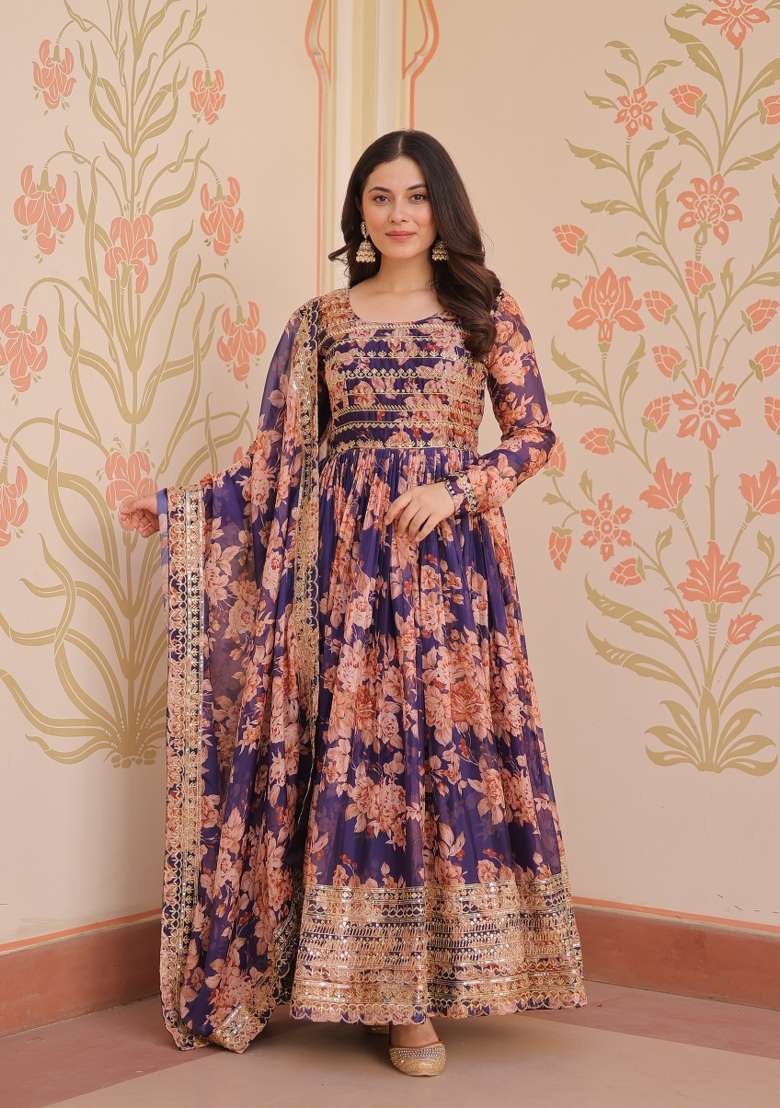 Purple Embroidered Russion Silk Anarkali Set With Dupatta - Indya