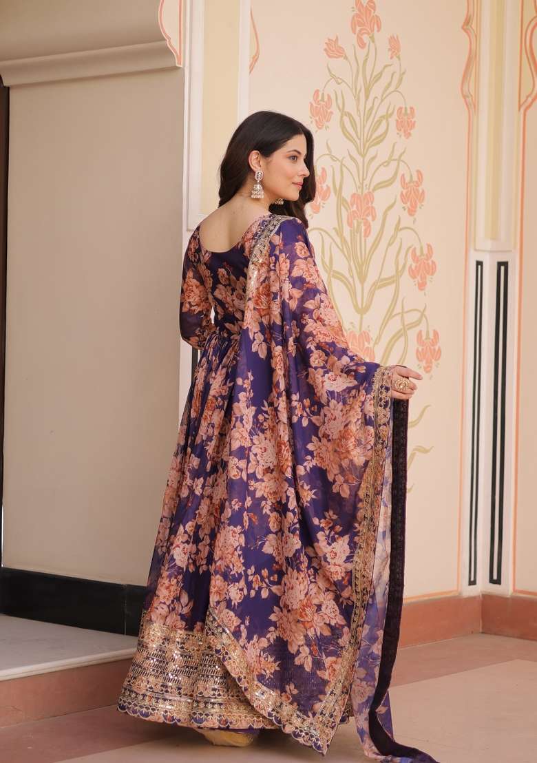 Purple Embroidered Russion Silk Anarkali Set With Dupatta - Indya
