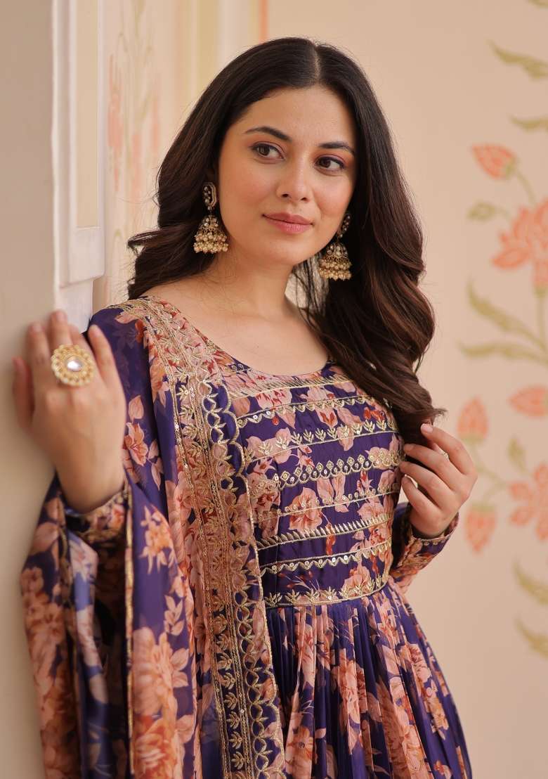 Purple Embroidered Russion Silk Anarkali Set With Dupatta - Indya