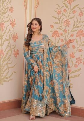 Rama Green Embroidered Russion Silk Anarkali Set With Dupatta