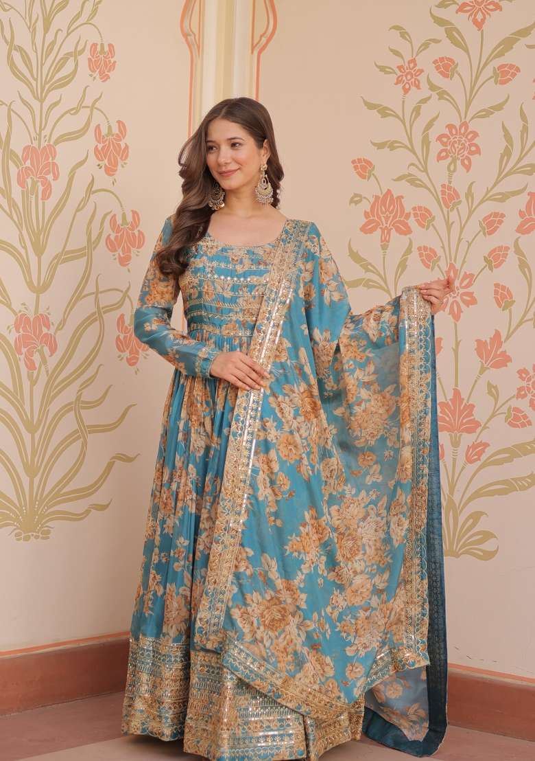 Rama Green Embroidered Russion Silk Anarkali Set With Dupatta - Indya