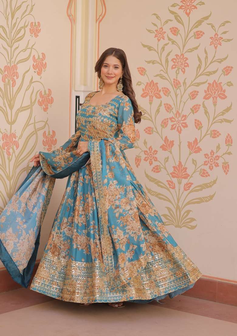 Rama Green Embroidered Russion Silk Anarkali Set With Dupatta - Indya