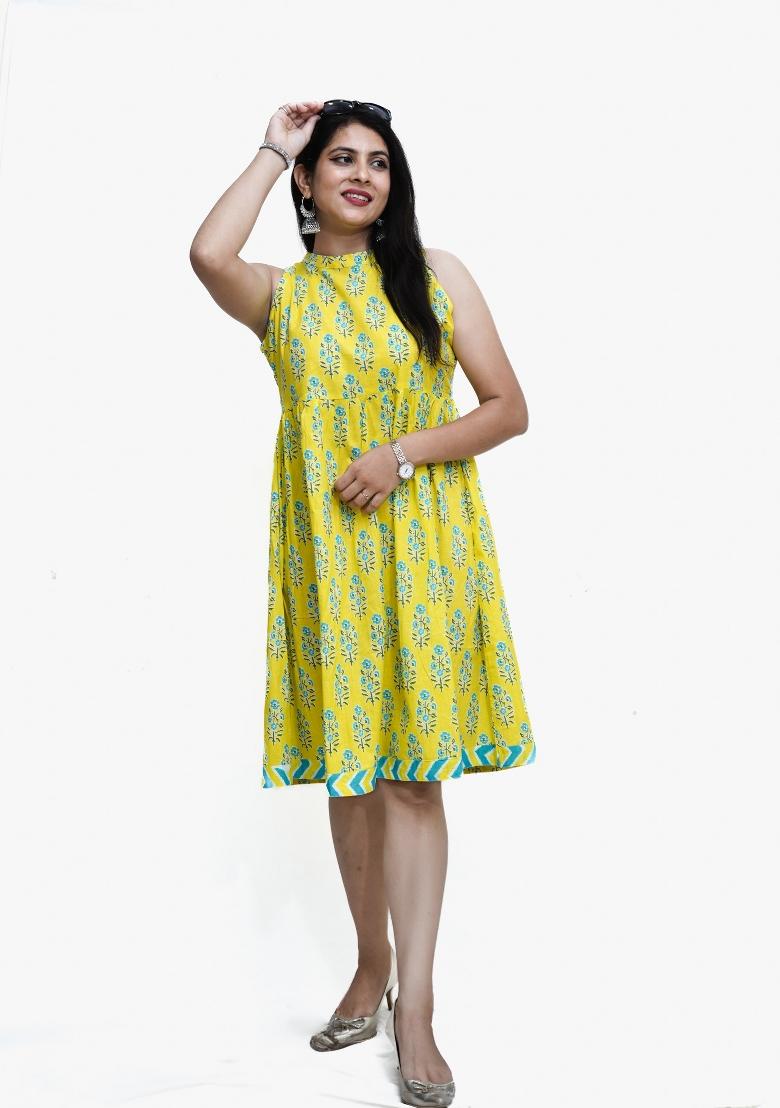 Light Yellow Dot Print Cotton Dress
