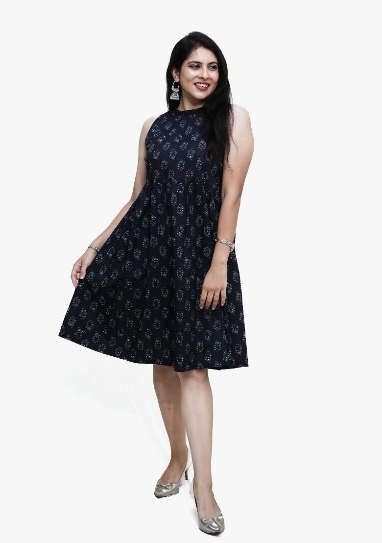 Black Block Print Cotton Dress