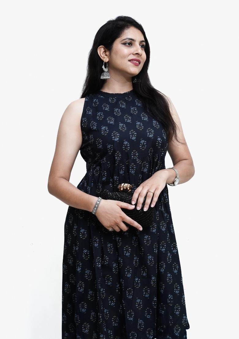 Black Block Print Cotton Dress