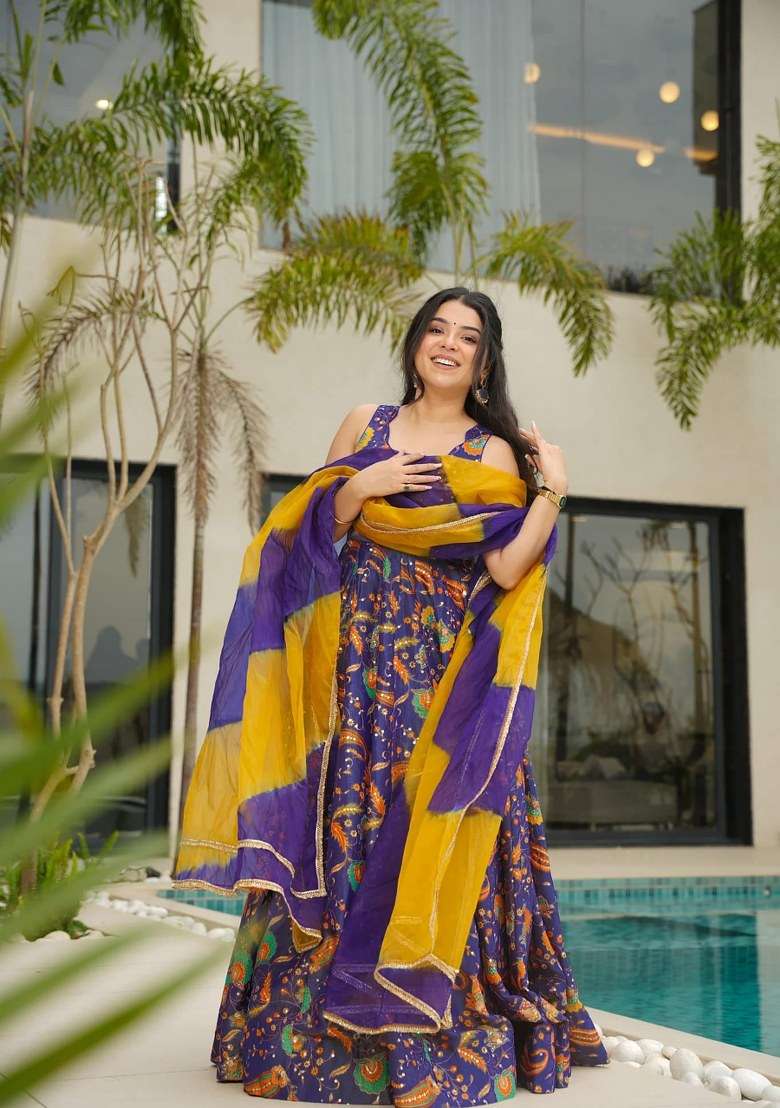 Purple Printed Silk Anarkali Set With Dupatta - Indya