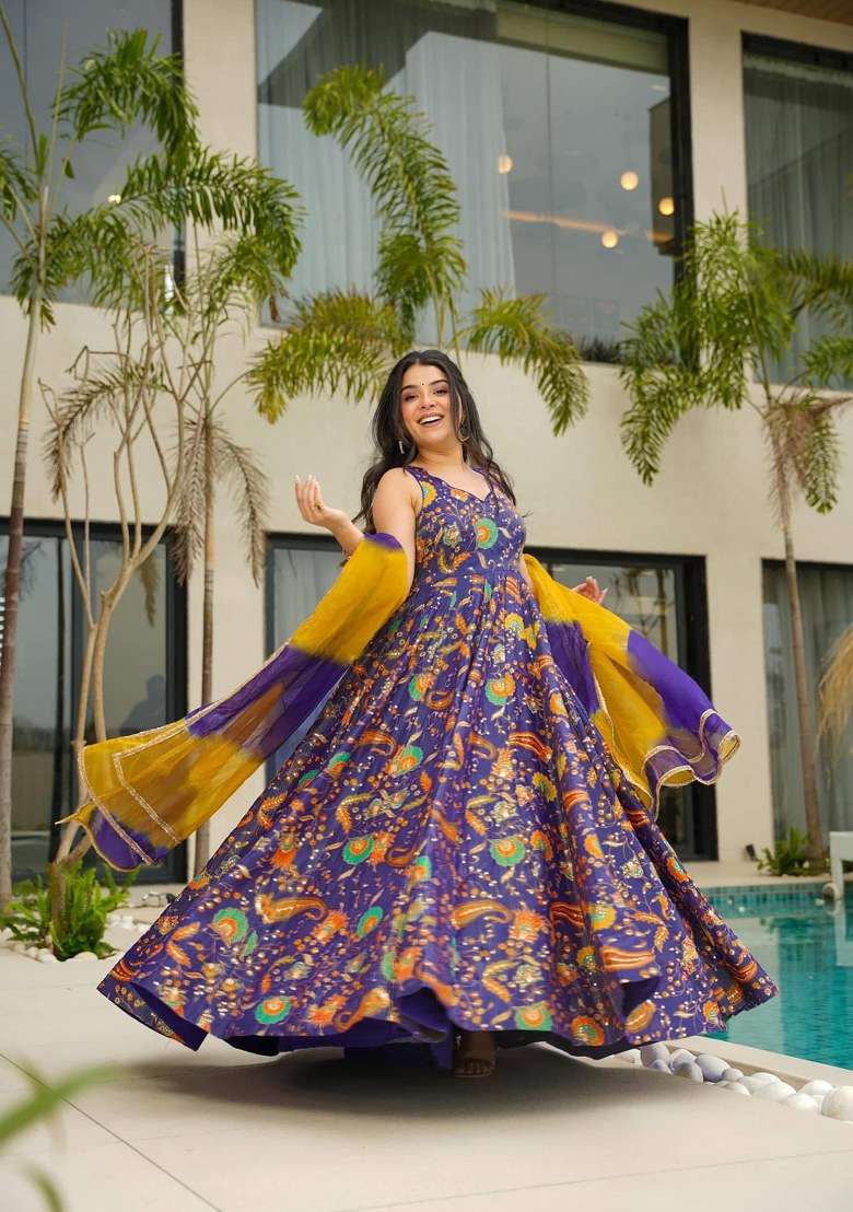 Purple Printed Silk Anarkali Set With Dupatta - Indya
