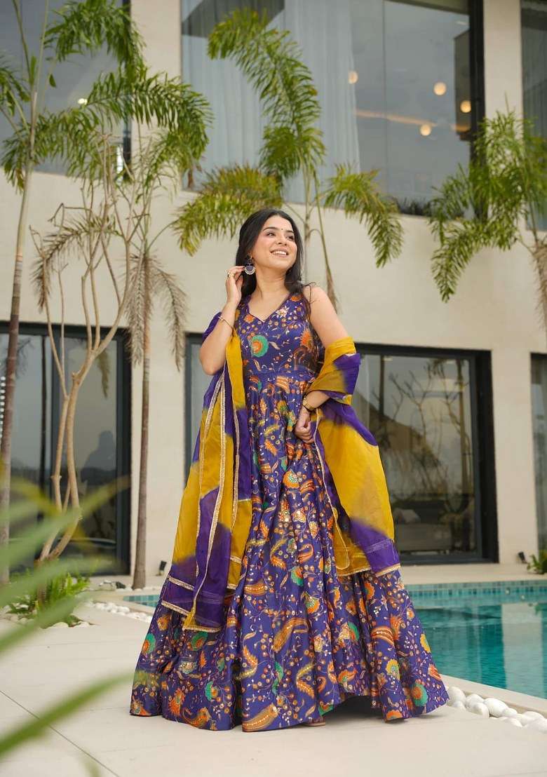 Purple Printed Silk Anarkali Set With Dupatta - Indya