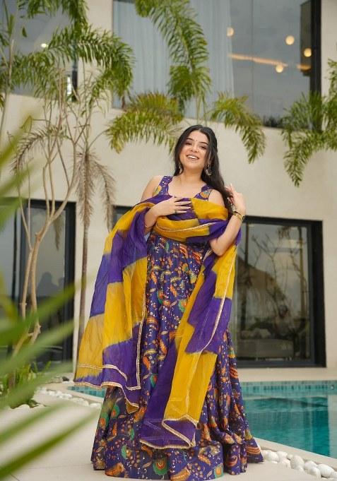 Purple Printed Silk Anarkali Set With Dupatta