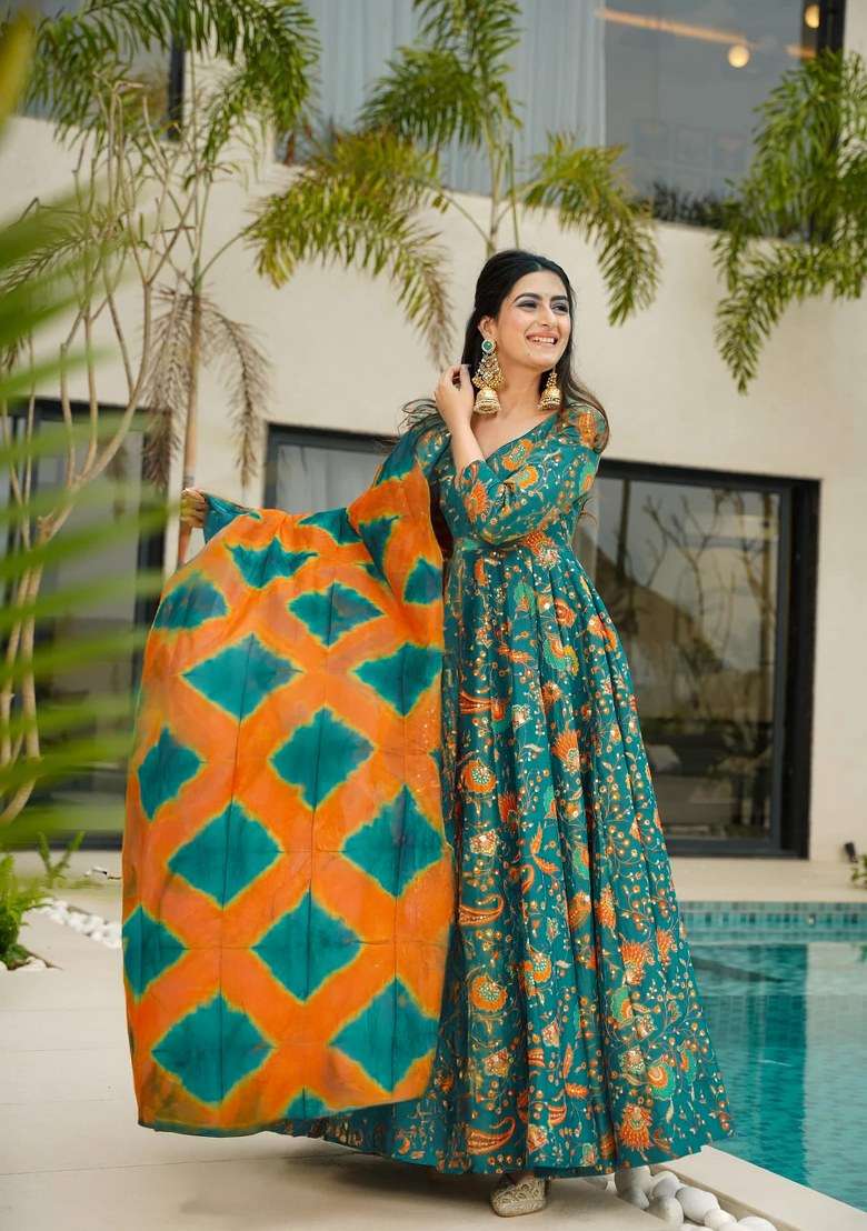 Rama Green Printed Silk Anarkali Set With Dupatta - Indya