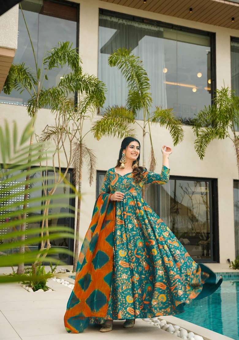 Rama Green Printed Silk Anarkali Set With Dupatta - Indya