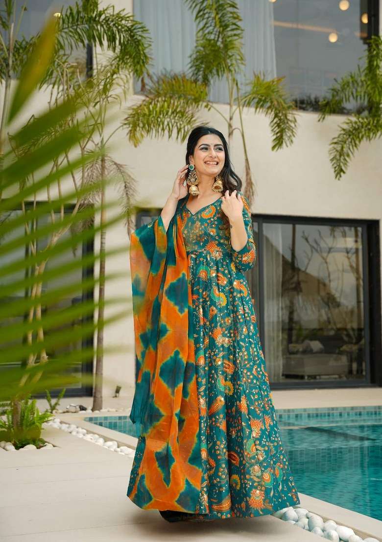 Rama Green Printed Silk Anarkali Set With Dupatta - Indya