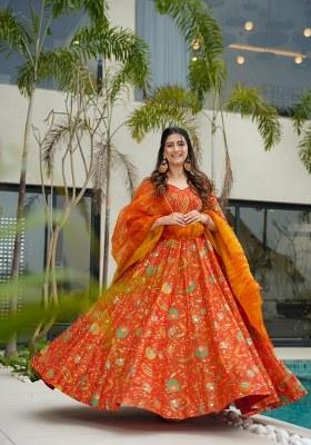 Orange Printed Silk Anarkali Set With Dupatta
