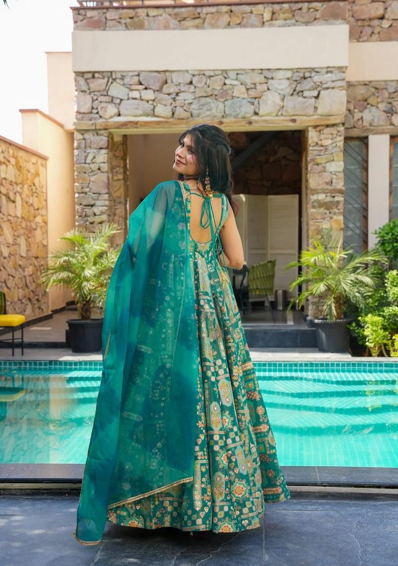Sea Green Printed Silk Anarkali Set With Dupatta